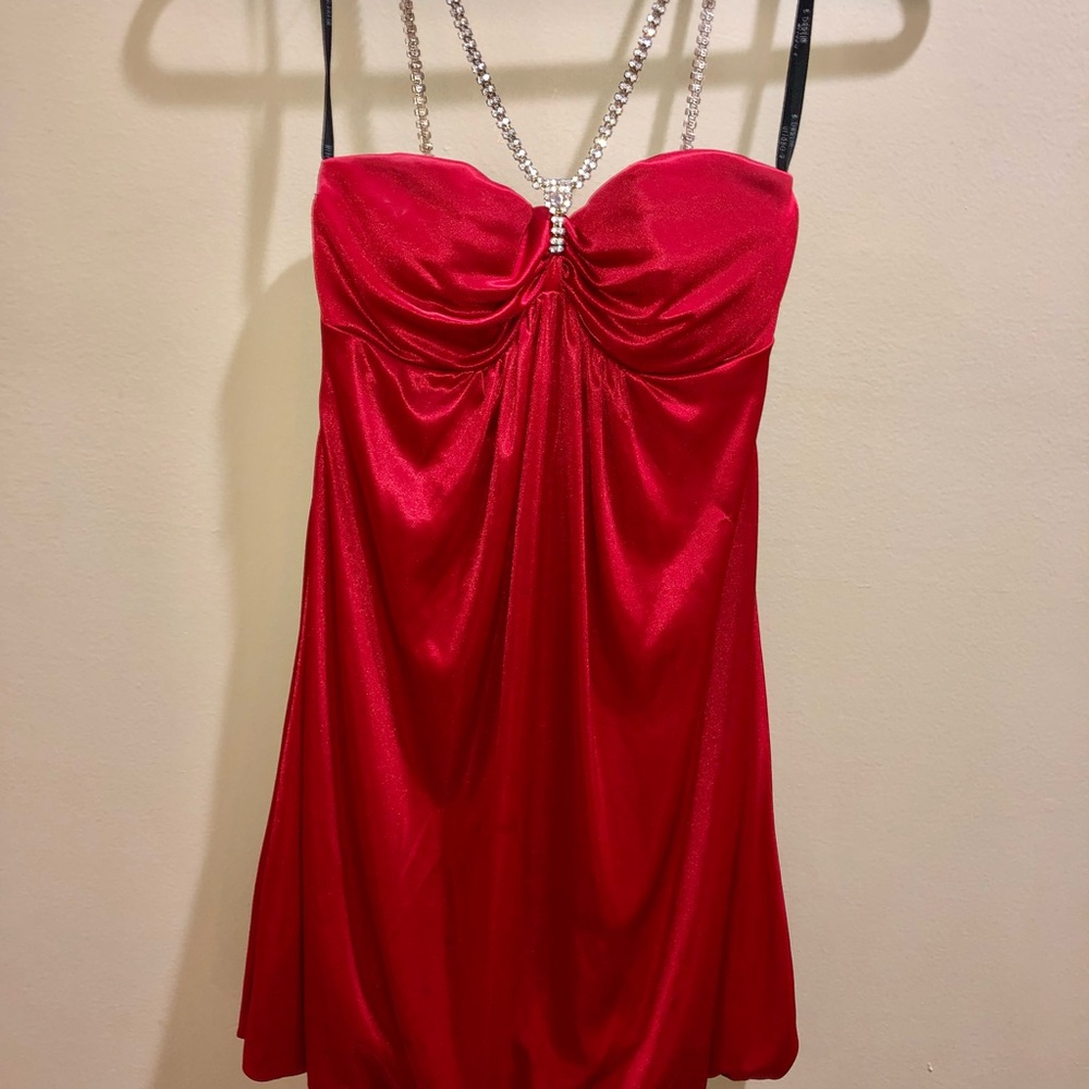 Red Silk Dress with a jeweled neck line and shoulders